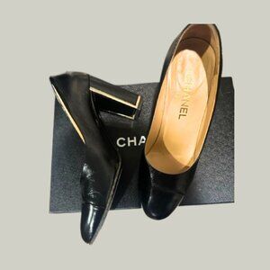 CHANEL Cap-Toe Black Leather Pumps